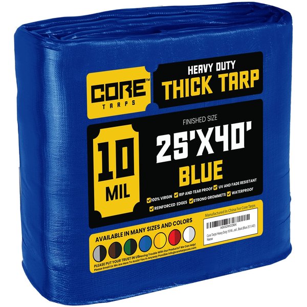 Core Tarps 40 ft L x 0.5 mm H x 25 ft W Heavy Duty 10 Mil Tarp, Blue, Polyethylene CT-605-25X40